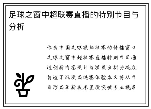 足球之窗中超联赛直播的特别节目与分析